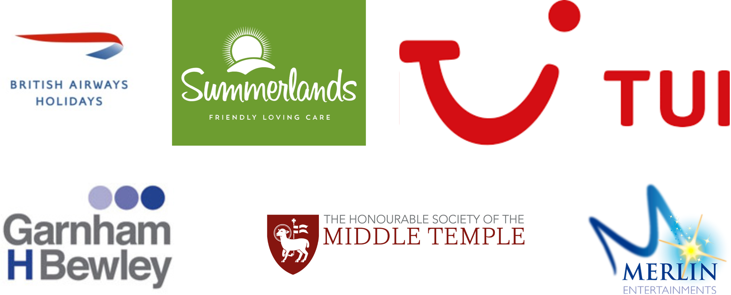 Client logo cluster: British Airways Holidays, Summerlands Care, TUI, Garnham H Bewley, The Honourable Society of the Middle Temple and Merlin Entertainments