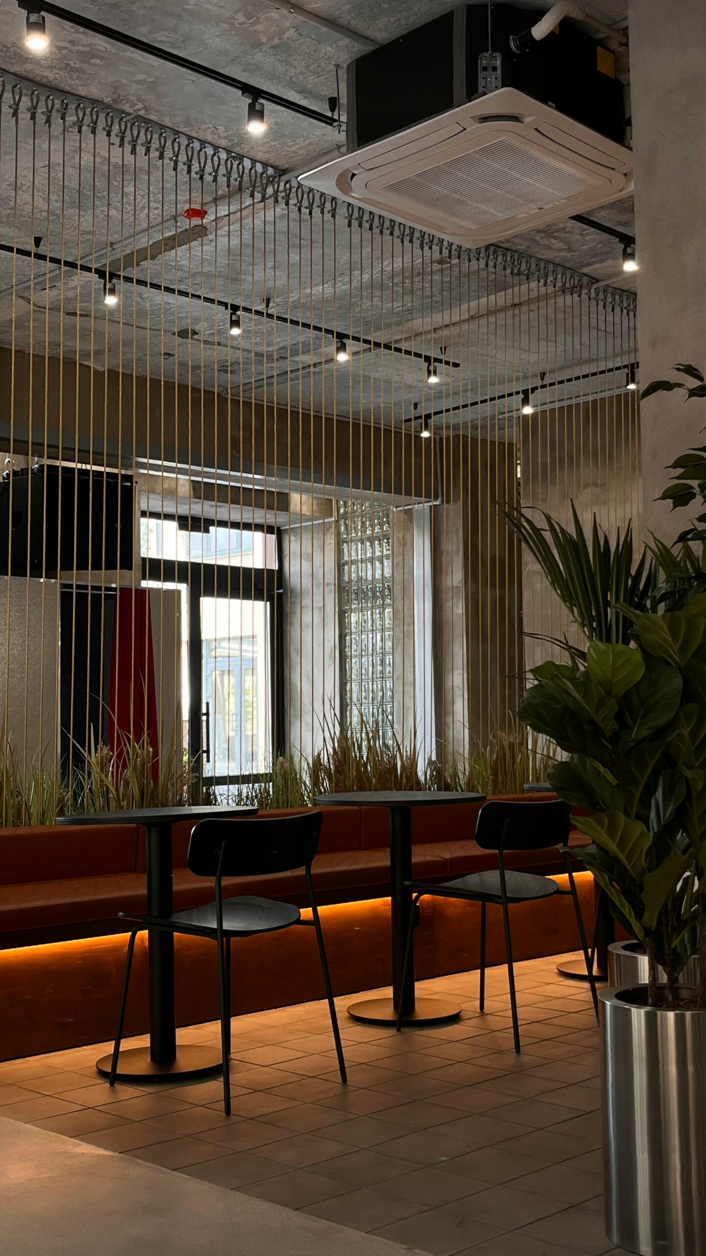 Communal workspace with ambient lighting