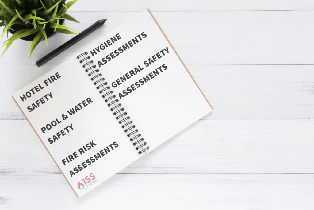 Notebook with list of available services. Includes hotel and pool safety, fire risk, hygiene and general safety assessments.
